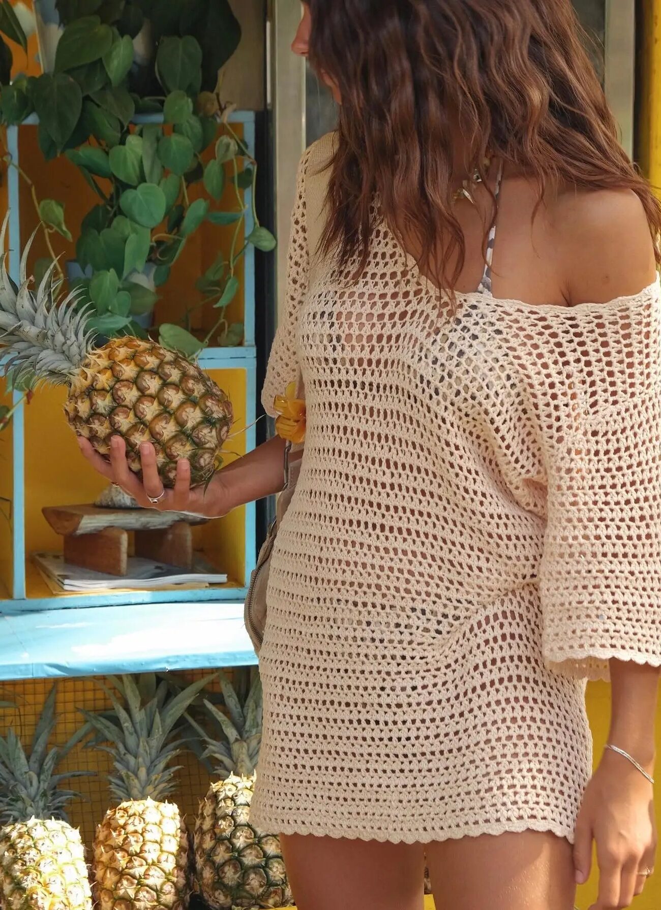 2025 Sexy V-Neck Beach Mini Dress – Hollow Out Knit Cover Up for Summer